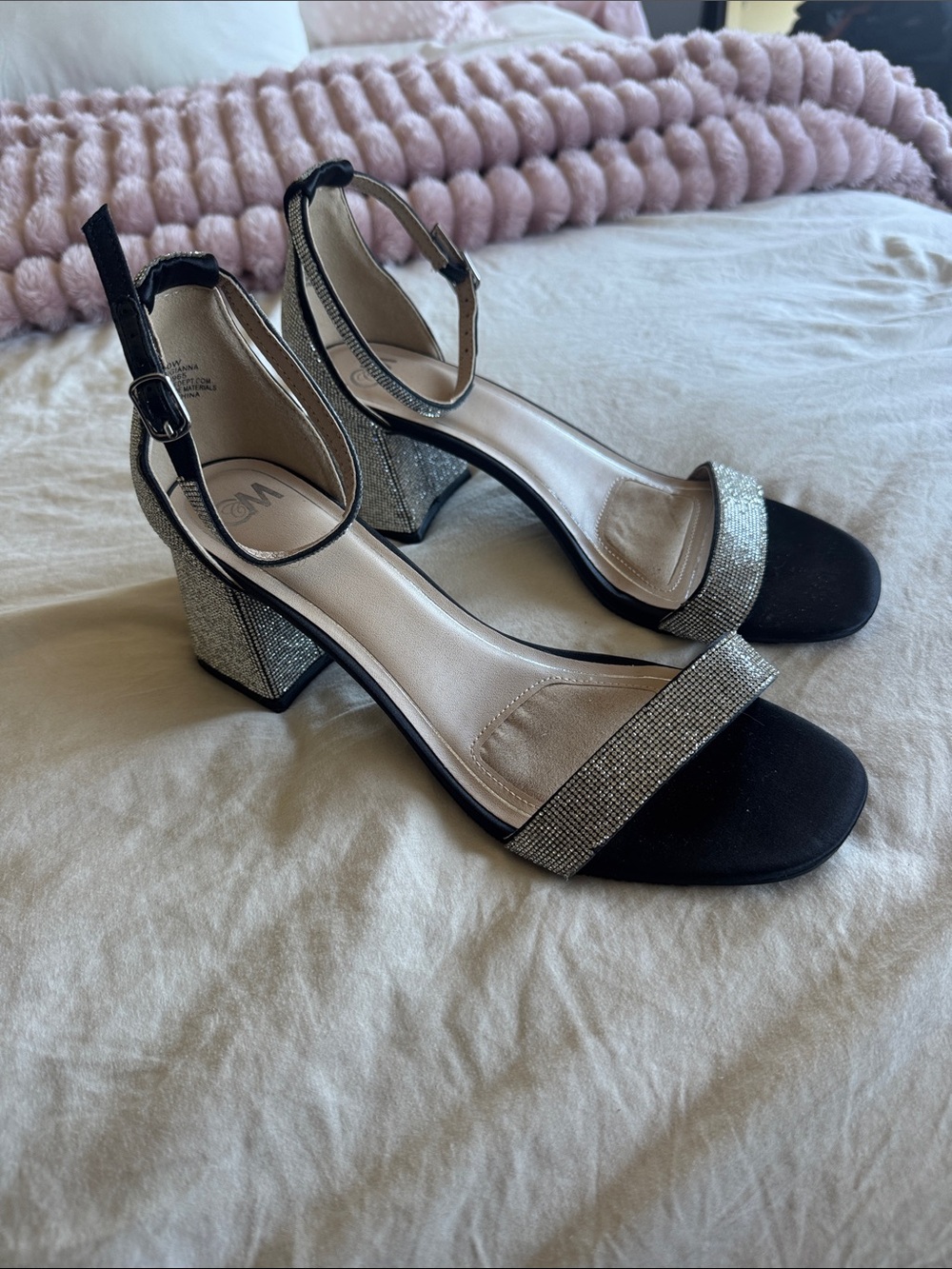Sparkle-Detail Black Block Heel Sandals with Ankle Strap